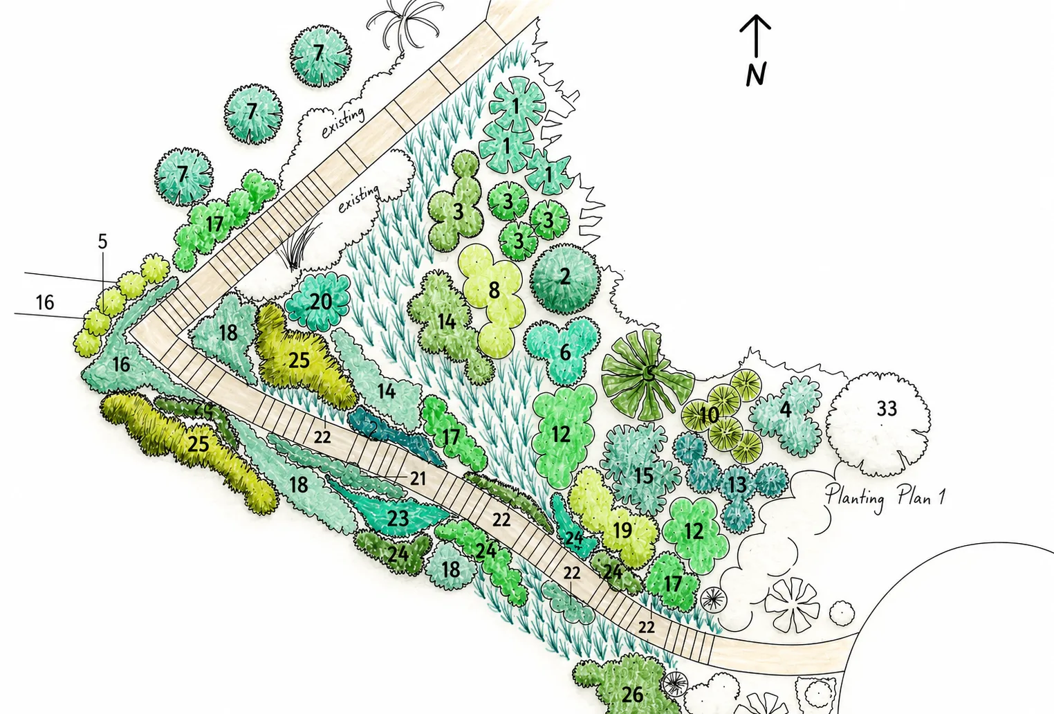 Planting plan drawing for a Muriwai Estate landscape area