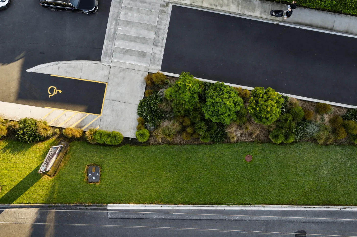 Aerial view of Parakai School entry planting and paved access