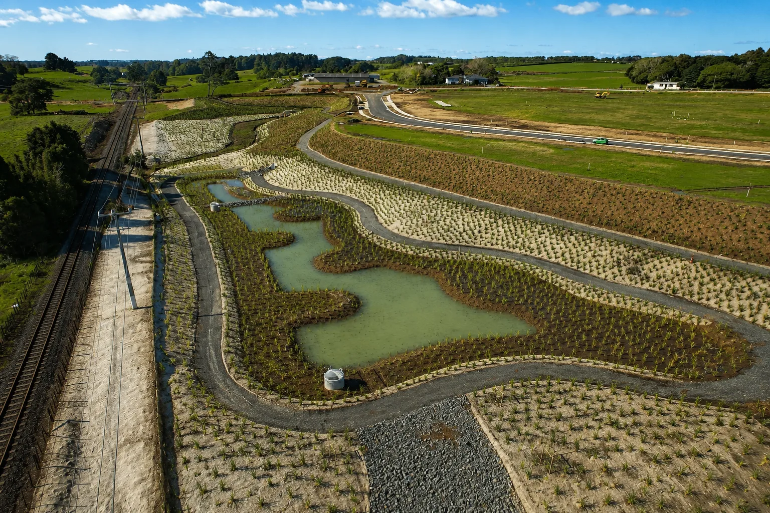 Aerial view of Waimarire Road wetland restoration