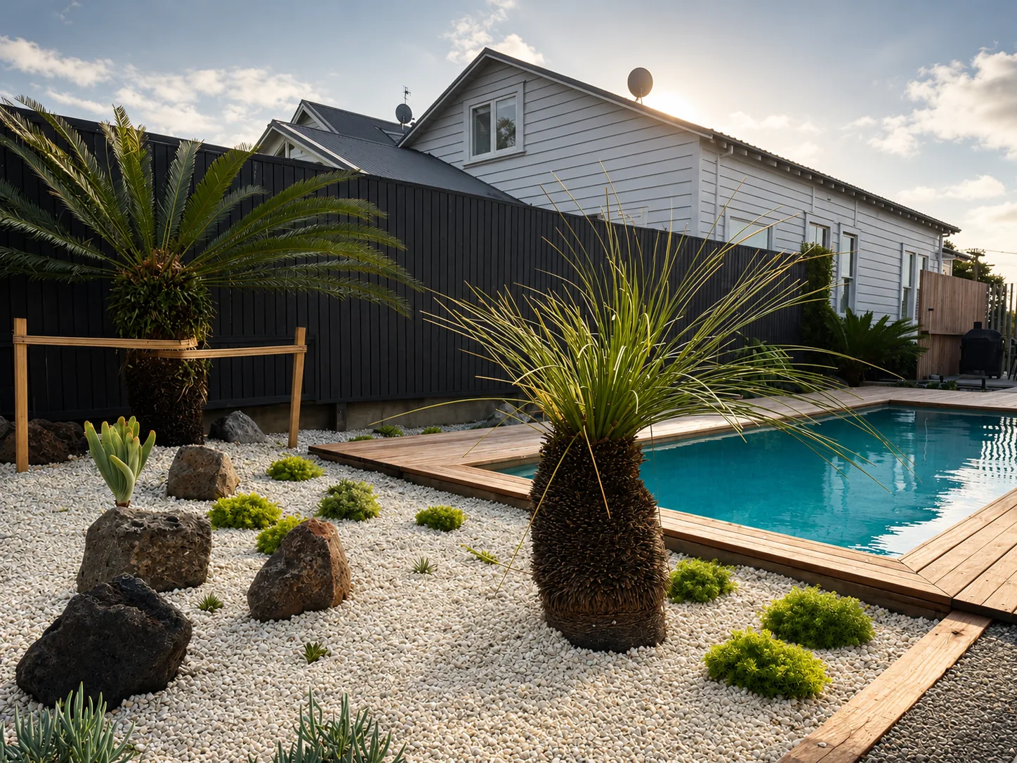 Poolside planting with sculptural palms, stone and white gravel at Baildon Road