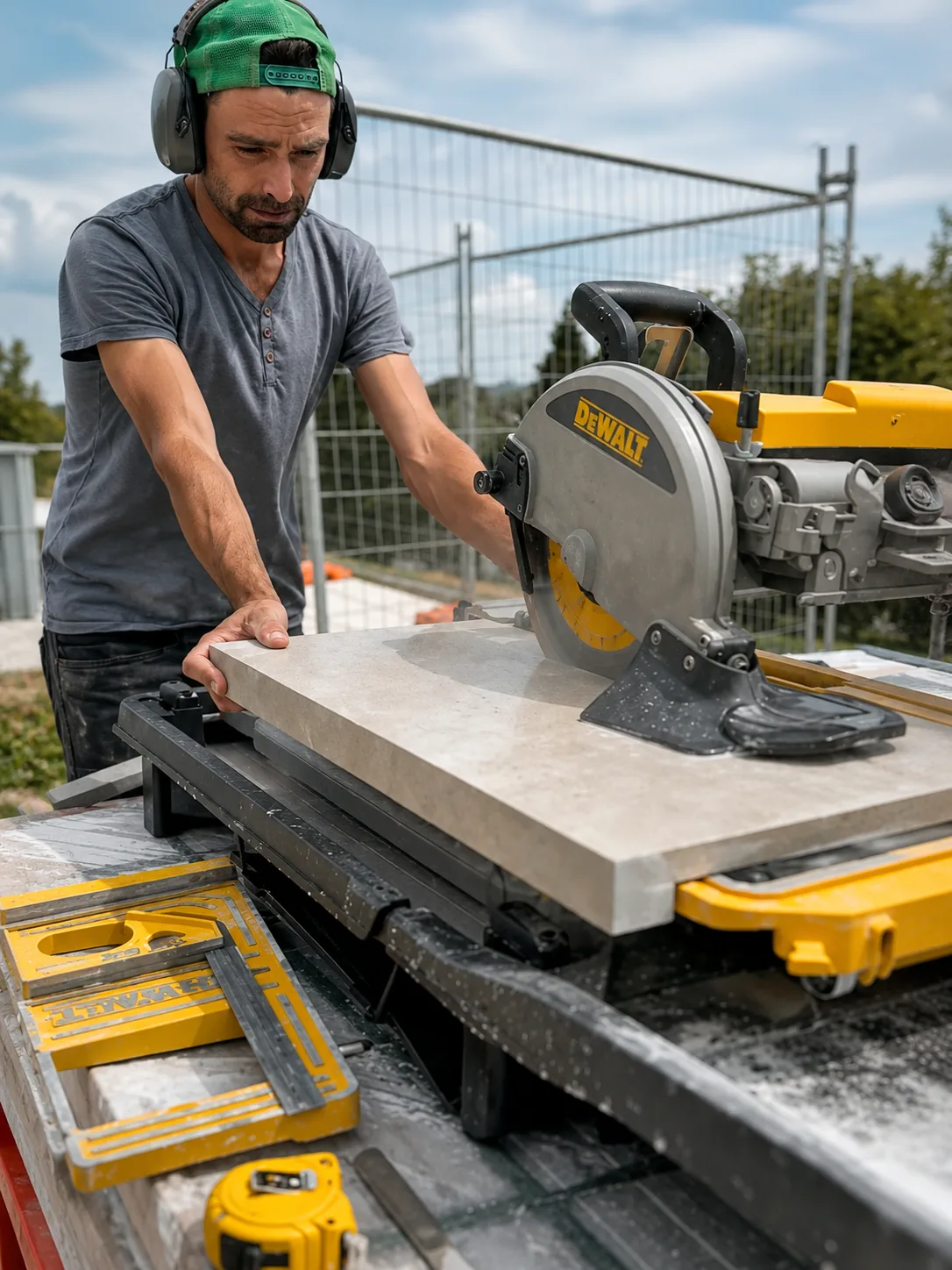 Precision stone cutting on site with professional equipment