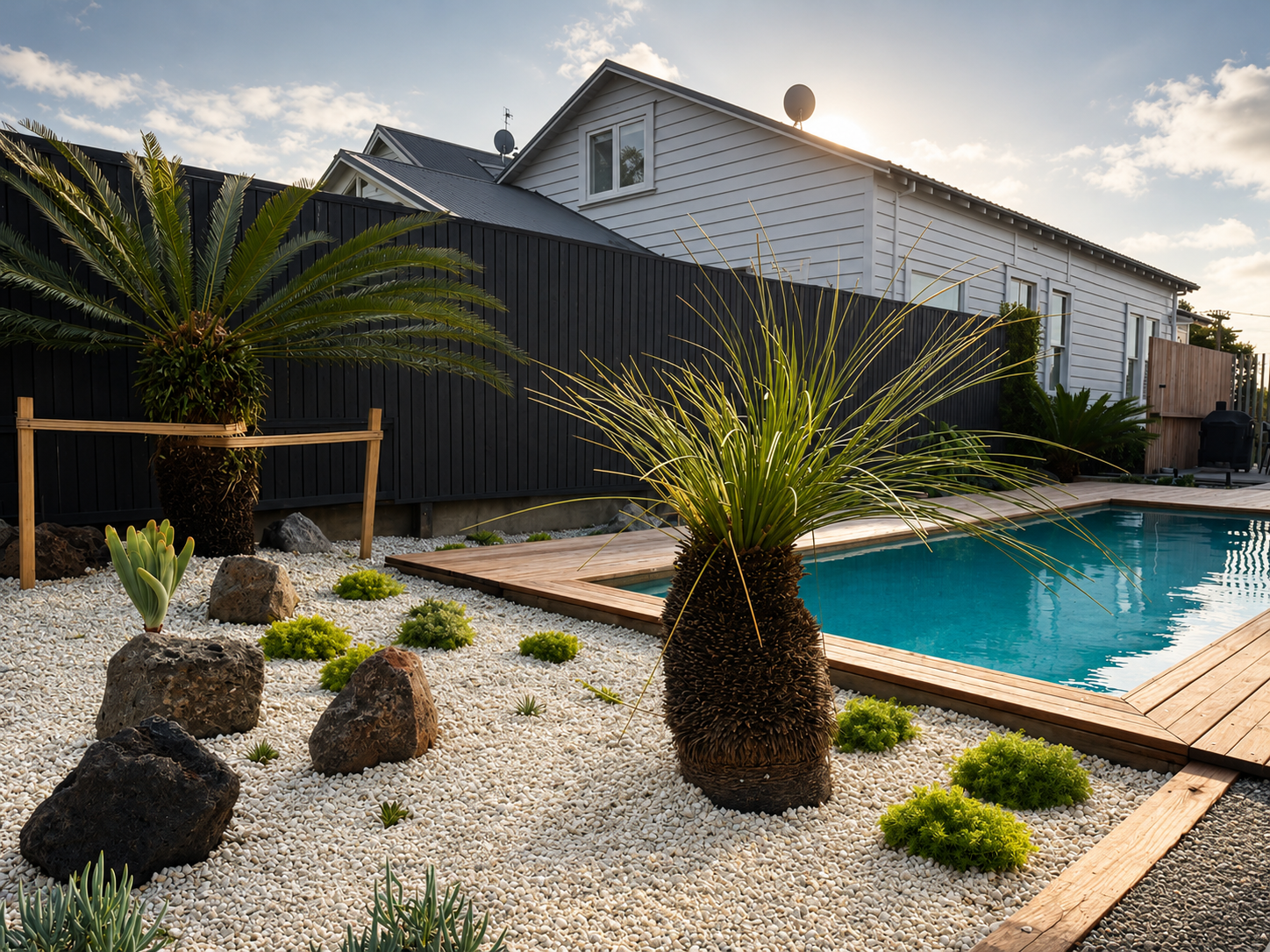 Poolside planting with sculptural palms, stone and white gravel at Baildon Road