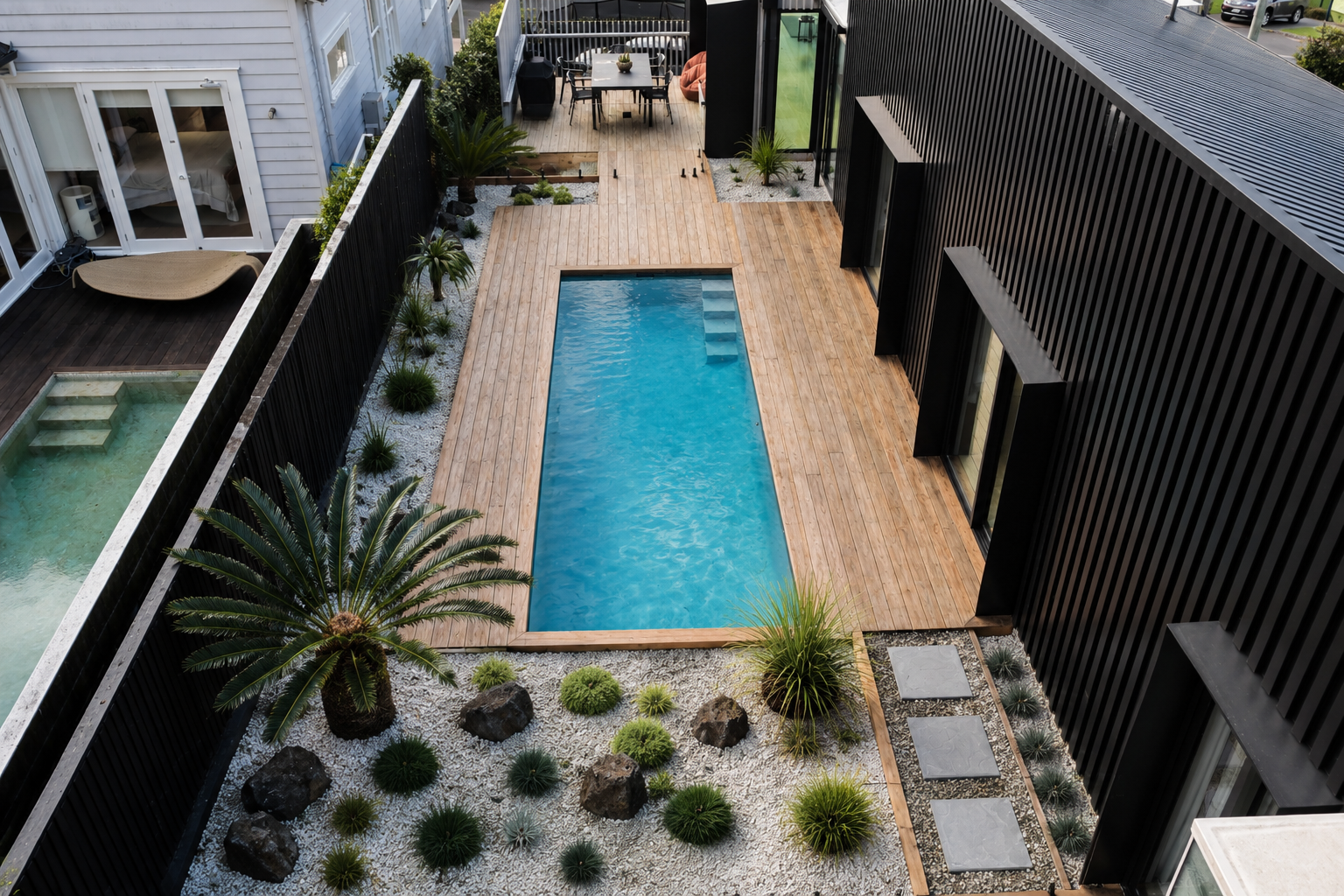 Aerial view of the Baildon Road poolscape with structured planting