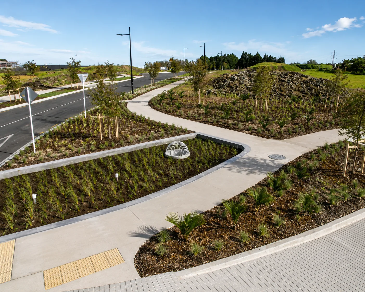 Park Estate commercial landscaping with pathways and native planting