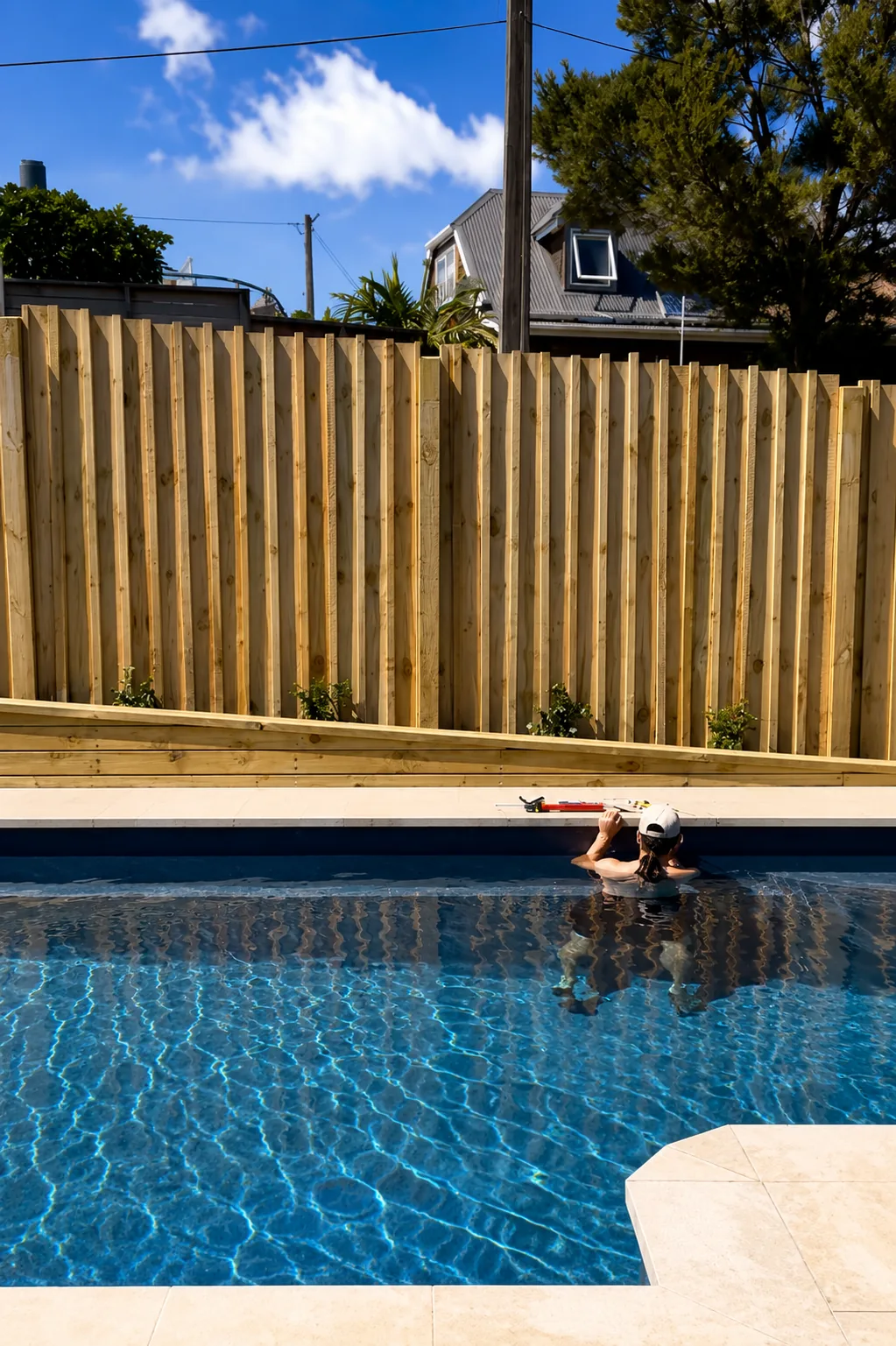 Pool with timber fence and stone coping