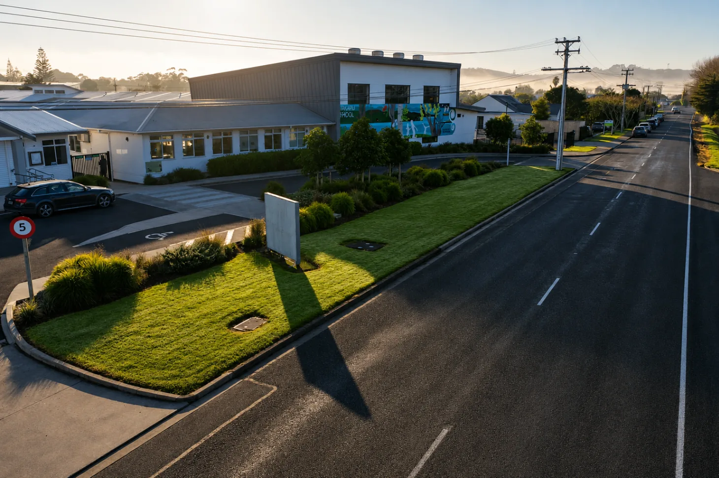 Parakai School streetscape planting and lawn frontage at sunrise
