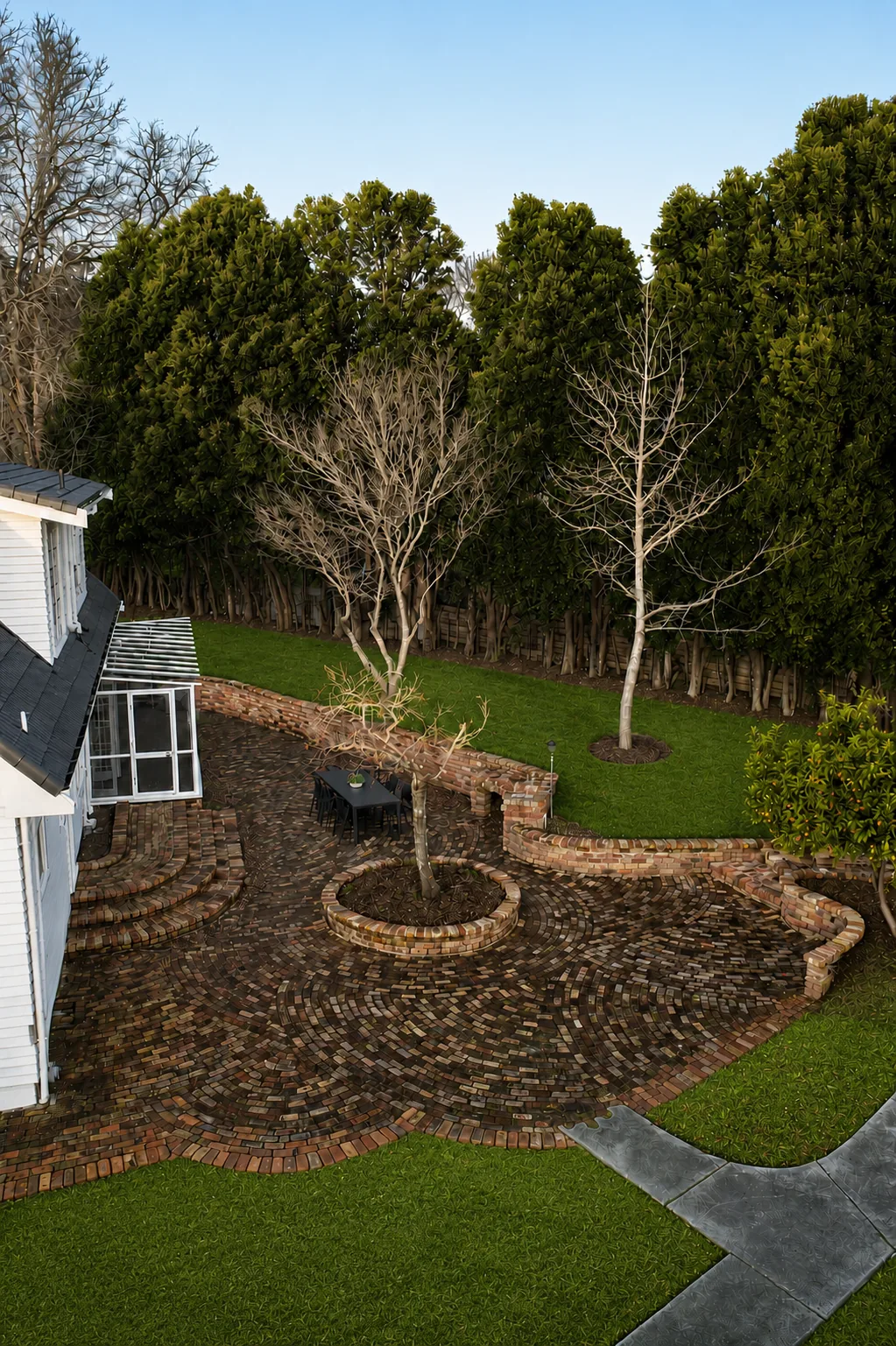 Reclaimed brick courtyard with circular tree surrounds