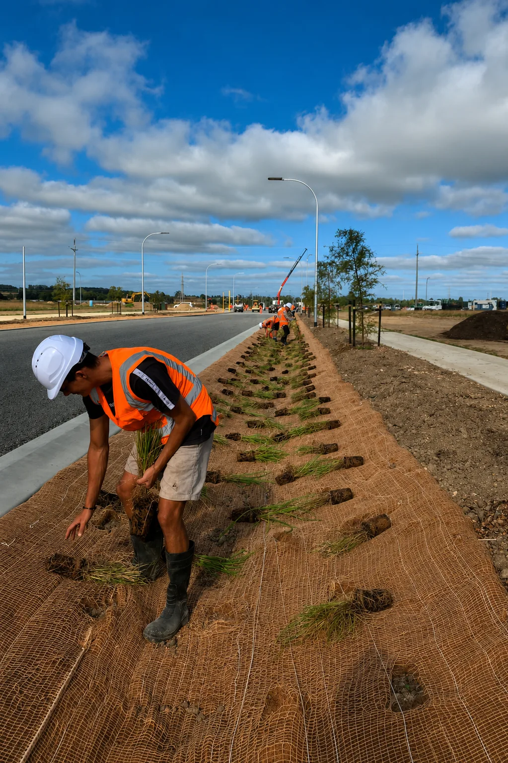 Planters crew installing planting on a commercial infrastructure project