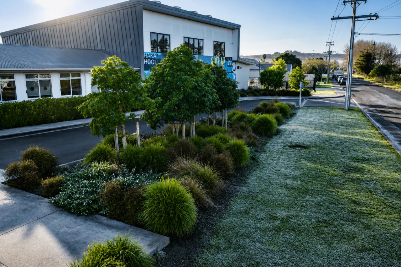 Close view of Parakai School planting beds, specimen trees and lawn edge