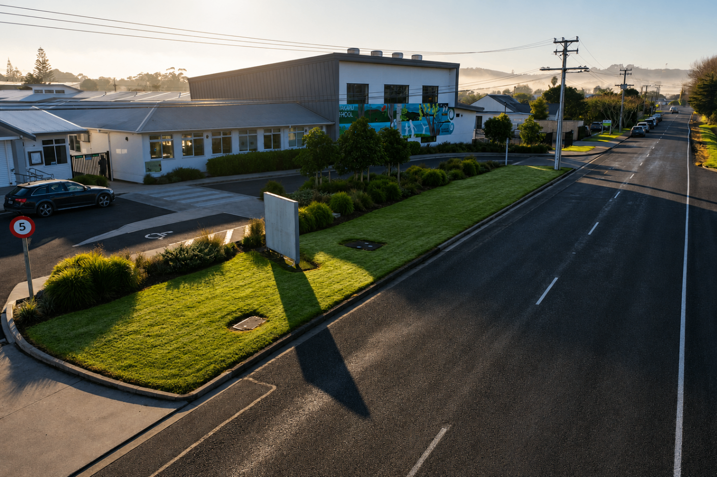 Parakai School streetscape planting and lawn frontage at sunrise