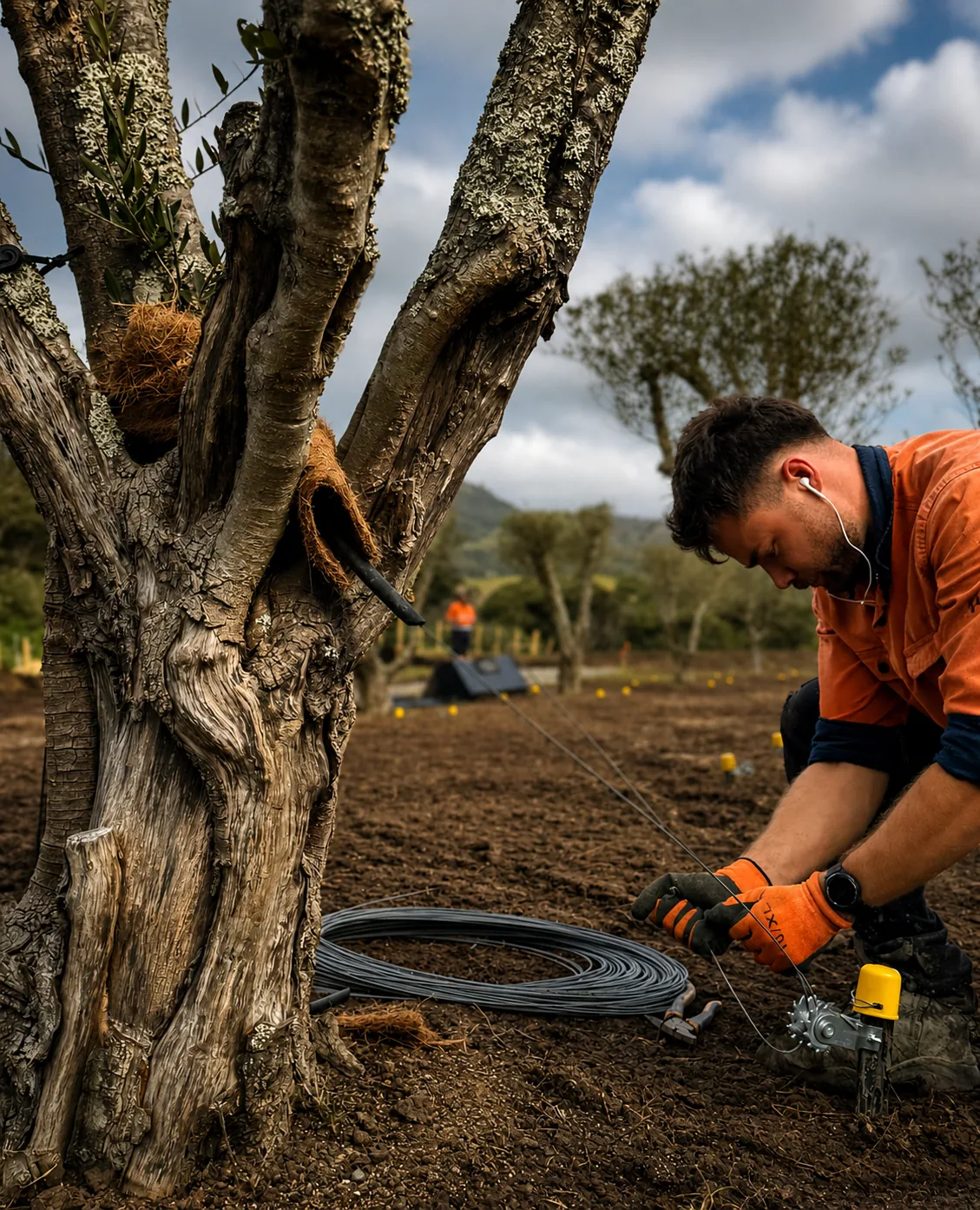 Irrigation installation detail among olive trees at Muriwai Estate