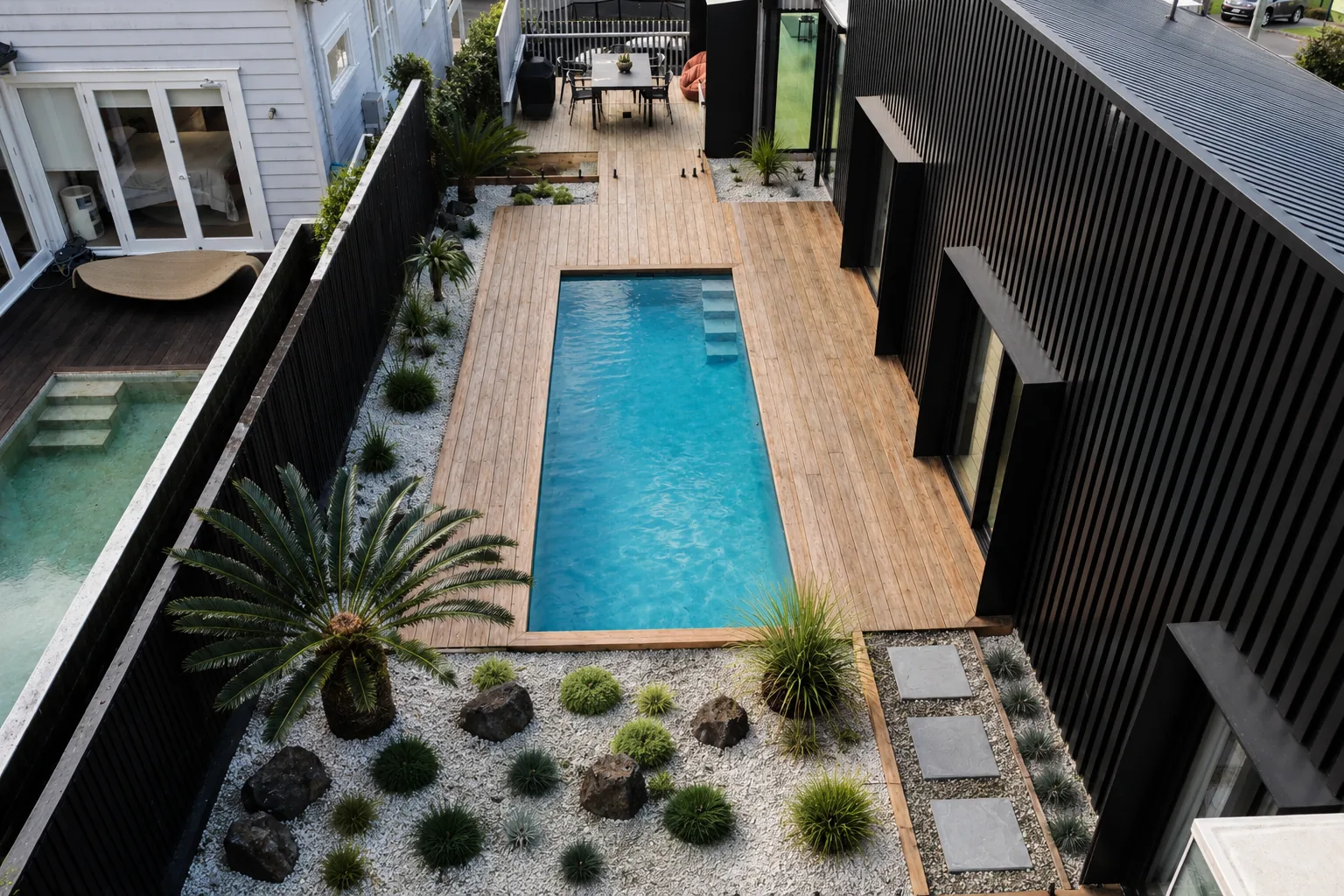 Pool with timber decking and landscaped garden