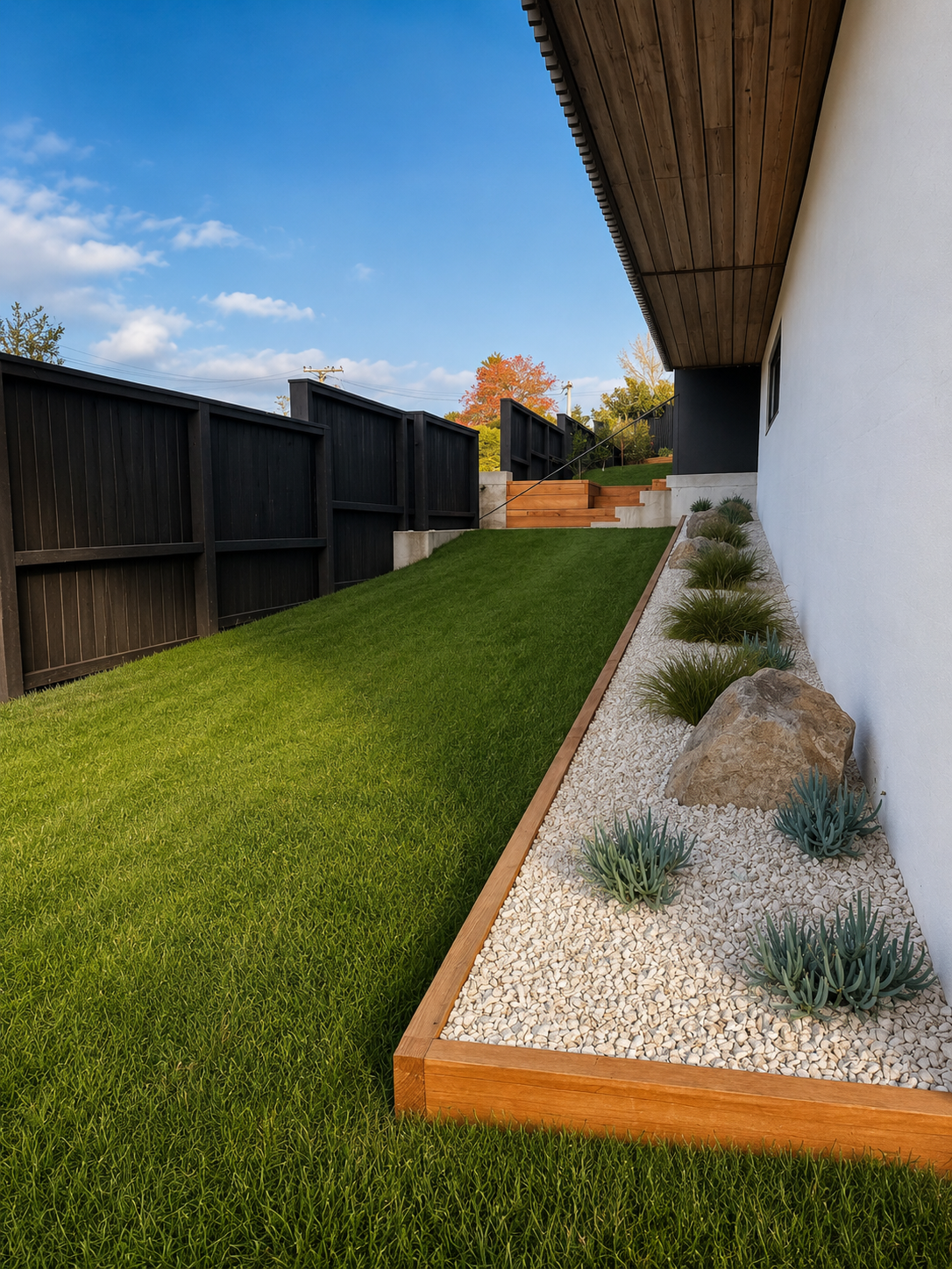 Sloped lawn with white stone planting border and timber edging at Baildon Road