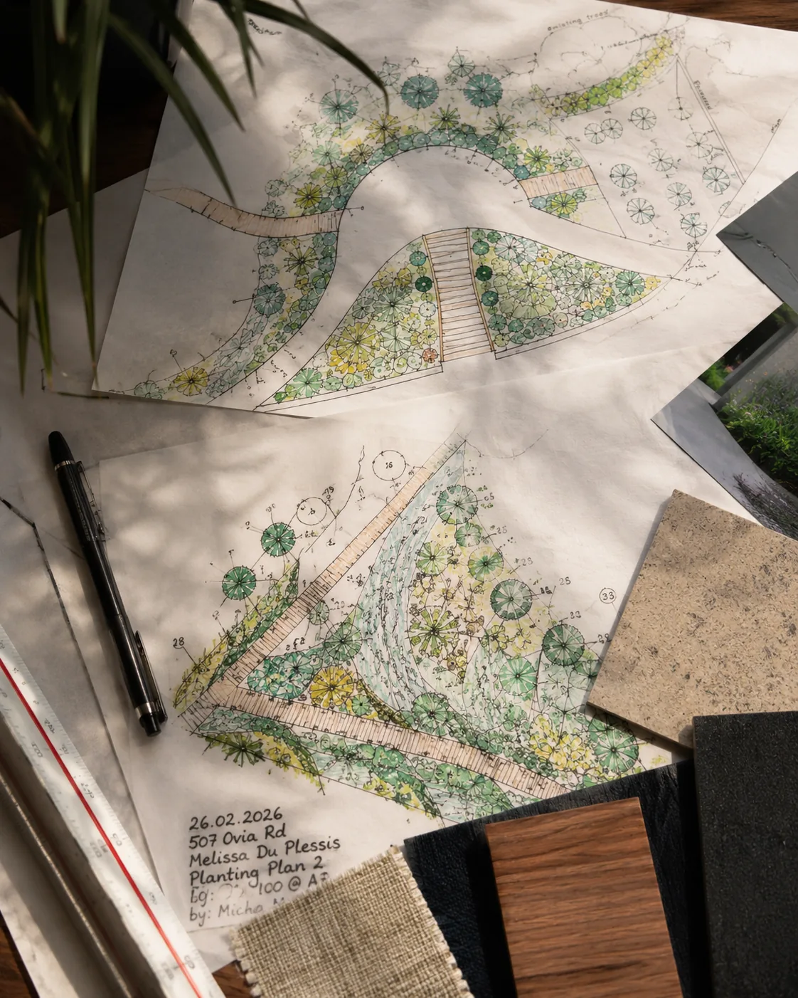Planting plans and material samples on the Planters studio desk