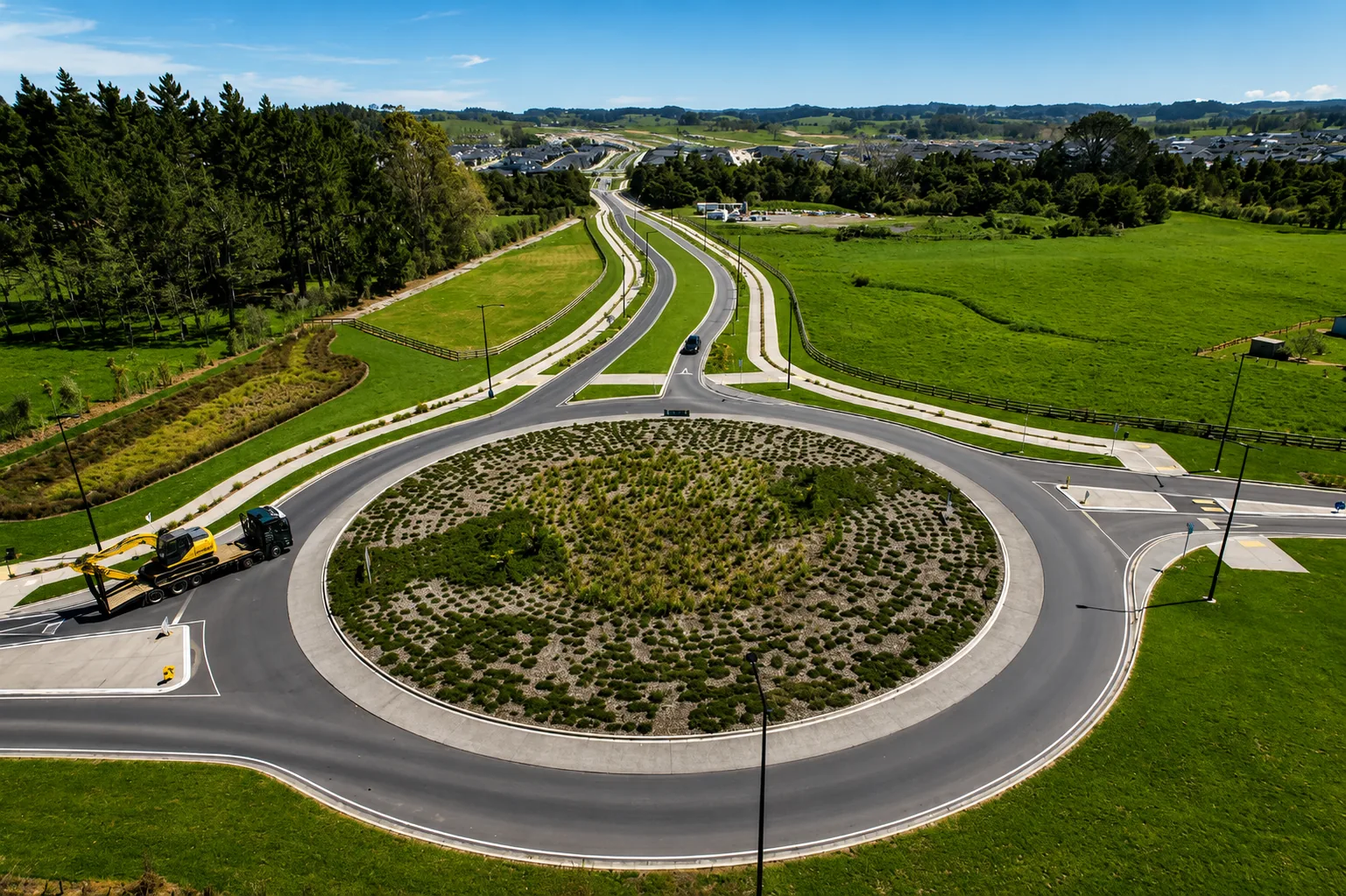 Aerial view of landscaped roundabout infrastructure