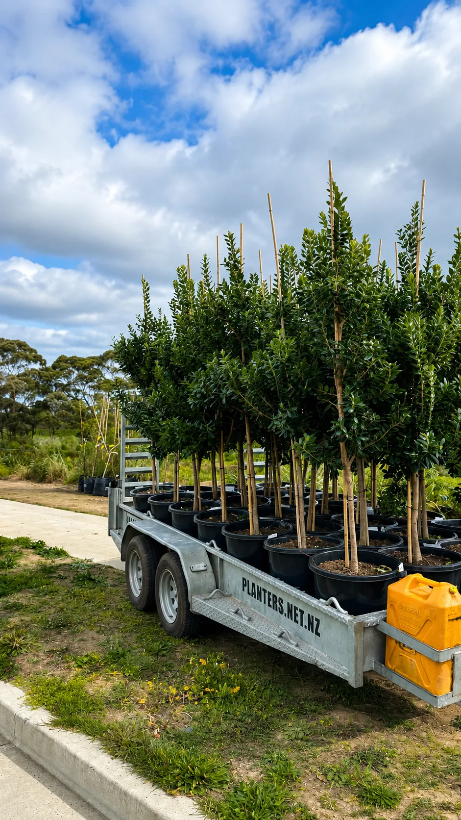 Planters trailer loaded with specimen trees ready for planting at Waimarire Road