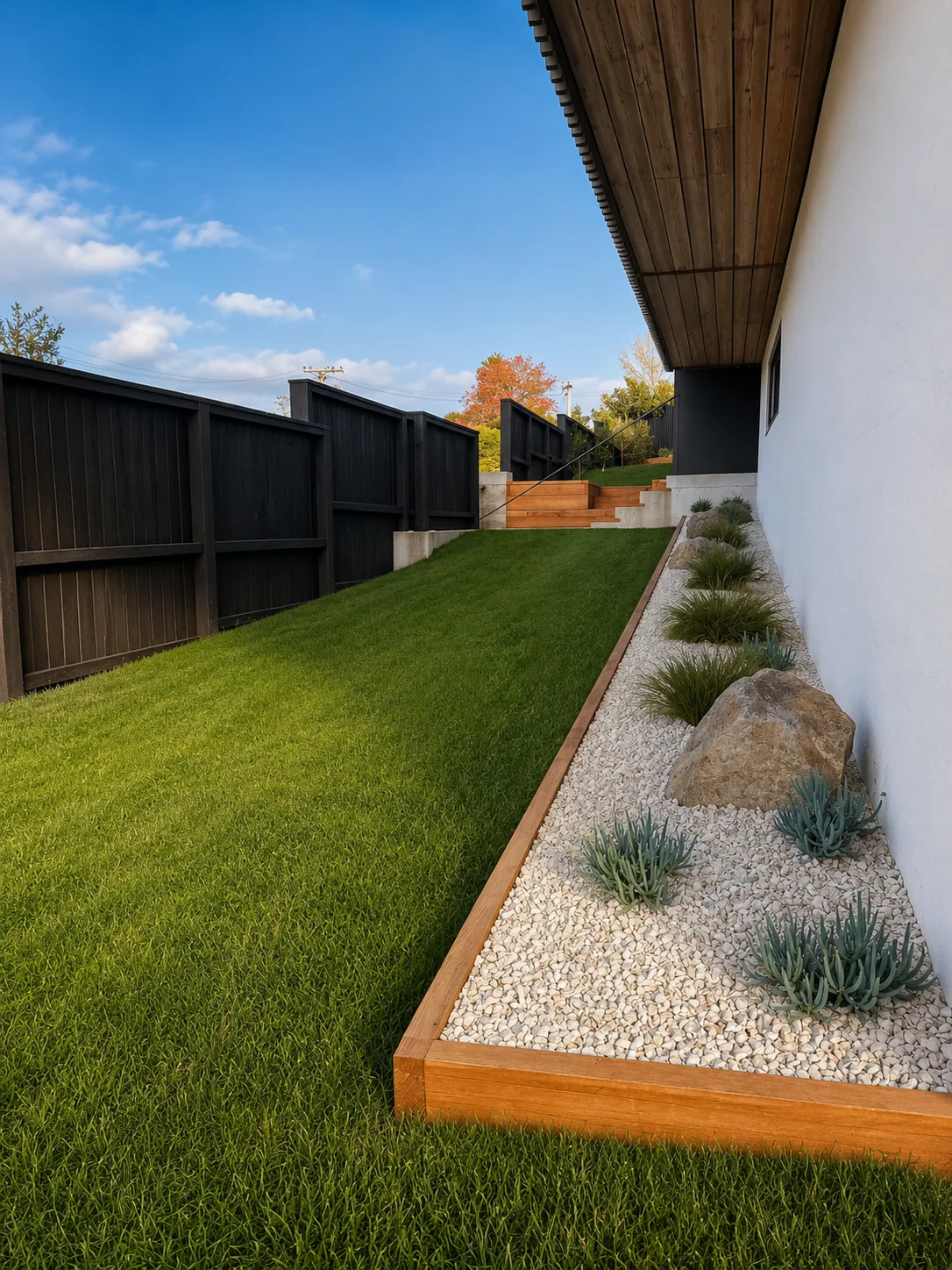Sloped lawn with white stone planting border and timber edging at Baildon Road
