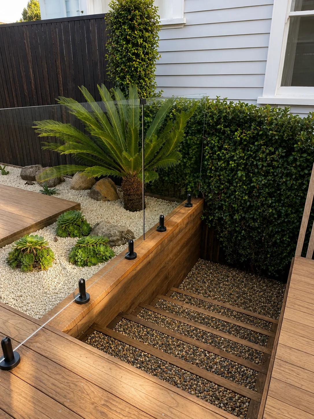 Timber steps, glass balustrade and succulent garden detail
