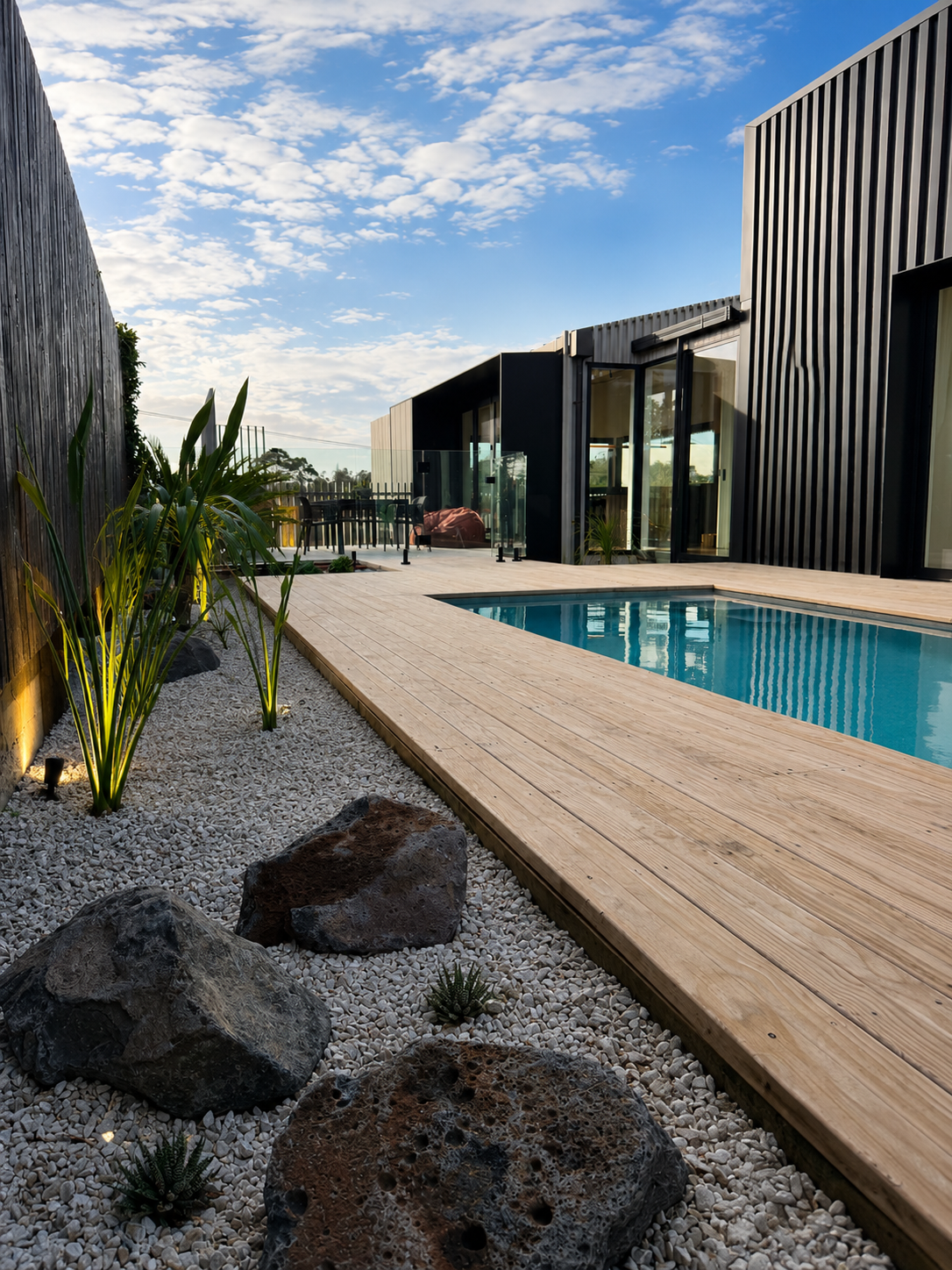 Timber pool deck and gravel garden at Baildon Road