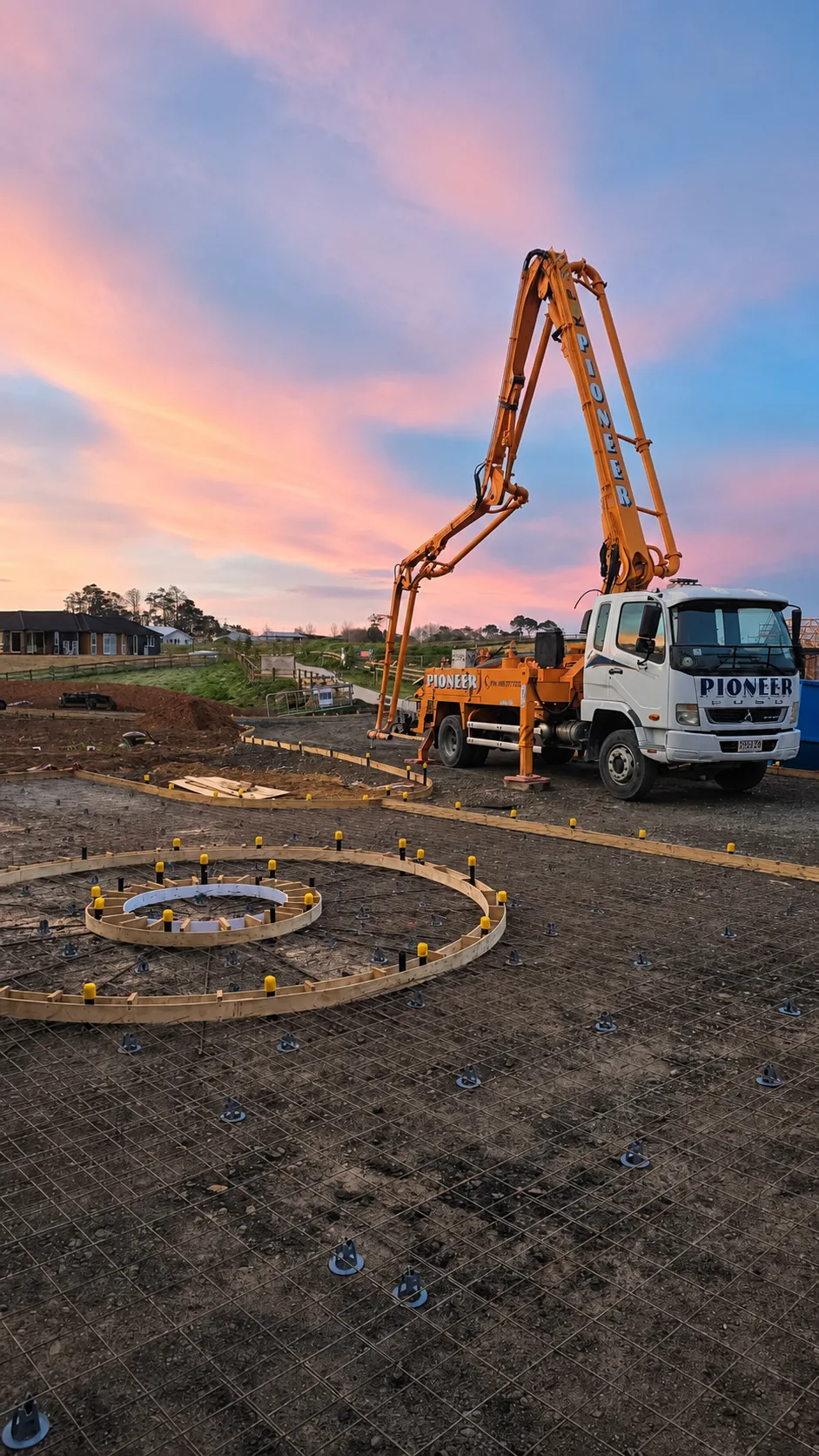 Concrete pump positioned over prepared reinforcement during construction at Coatesville Riverhead Highway