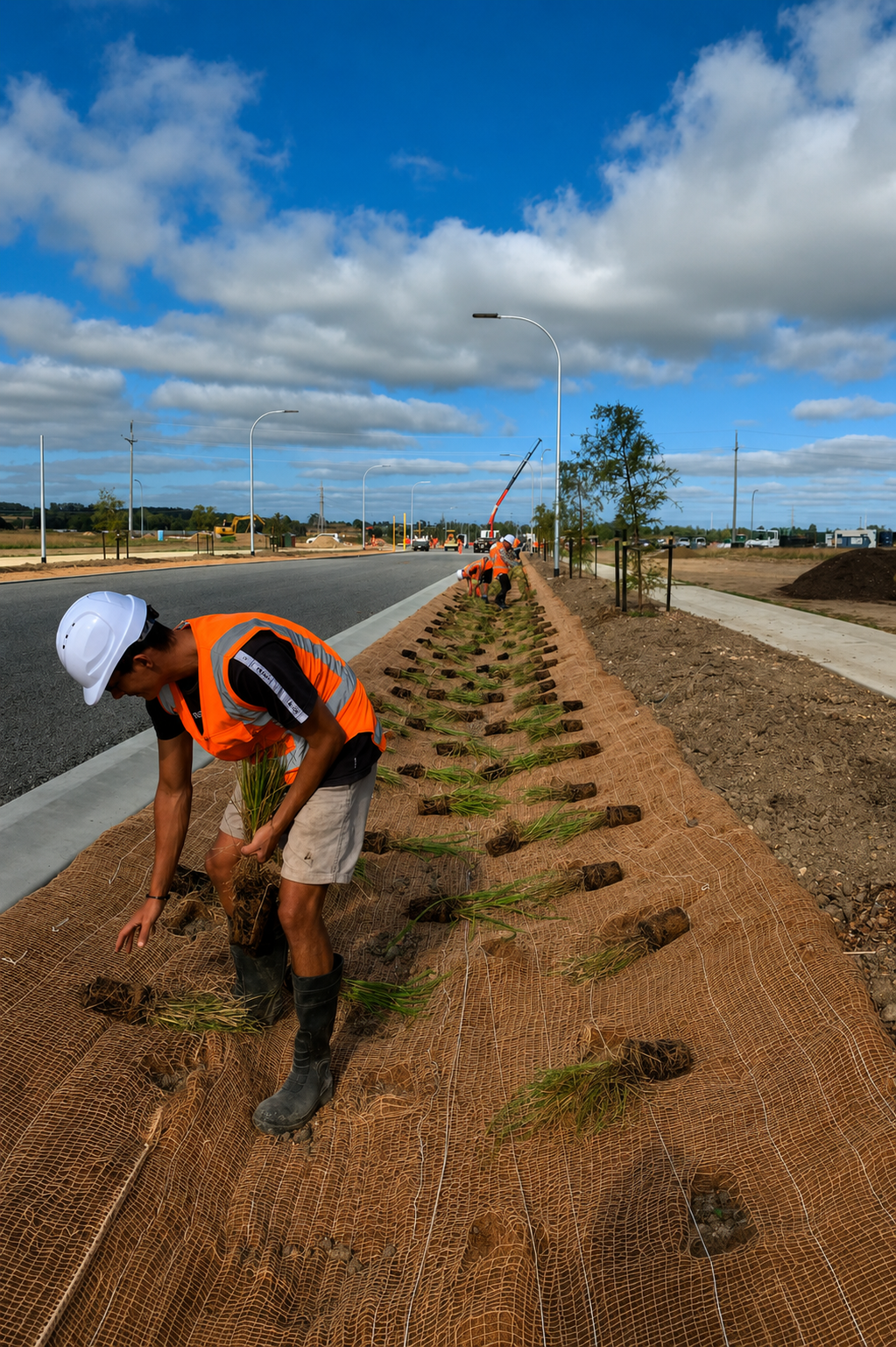 Worker planting grasses along a roadside at Kia Ora Road