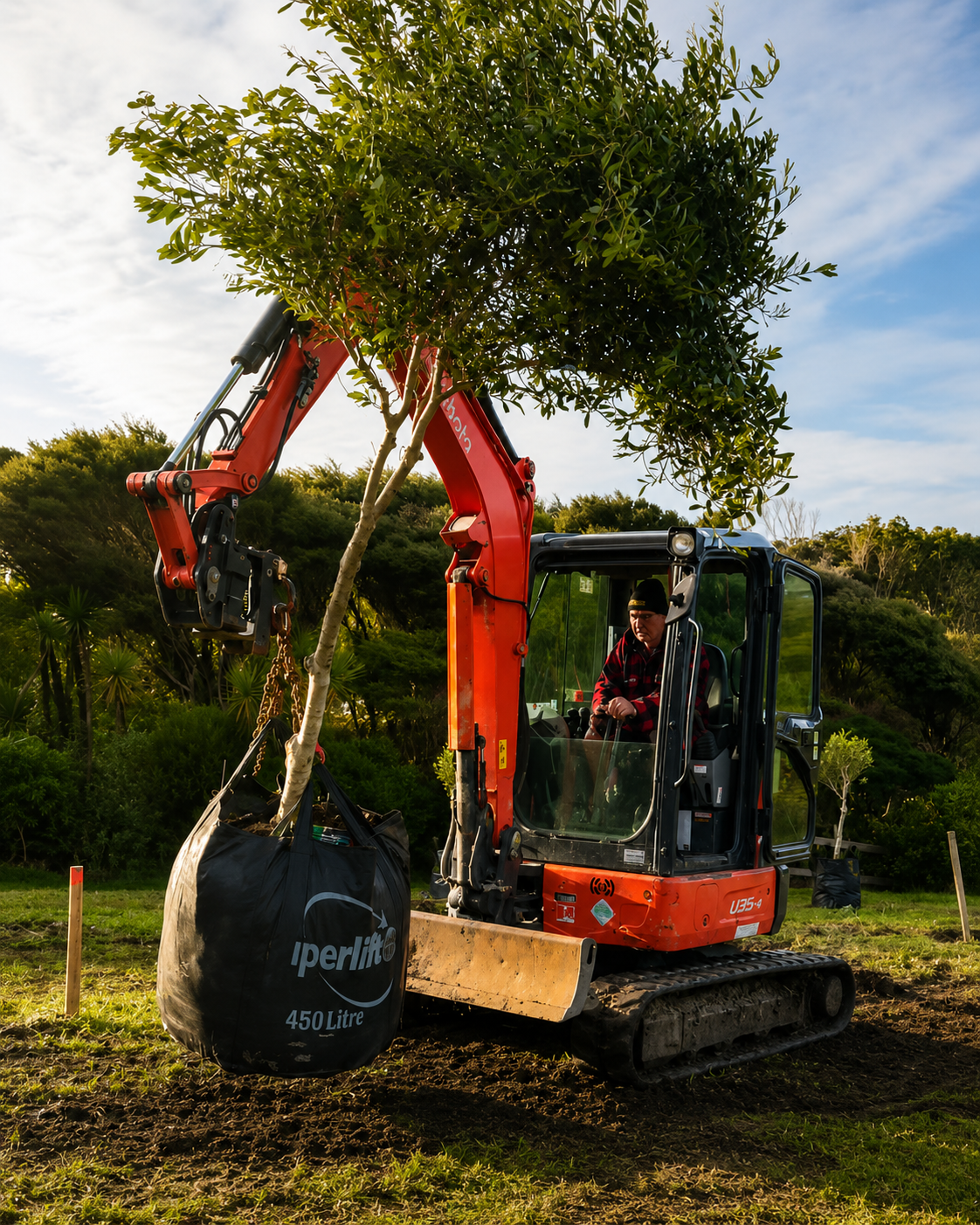Excavator carefully lifting a mature tree for planting on an Auckland landscaping site