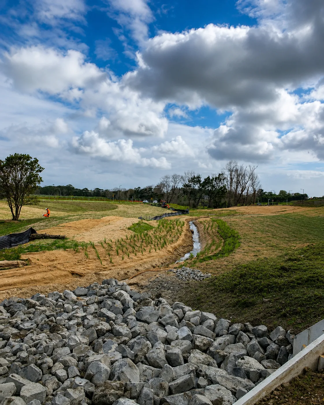 Newly formed swale with native planting, rock armour and earthworks at Park Estate