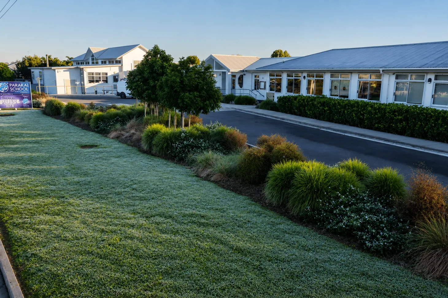 Parakai School frontage with structured planting and lawn