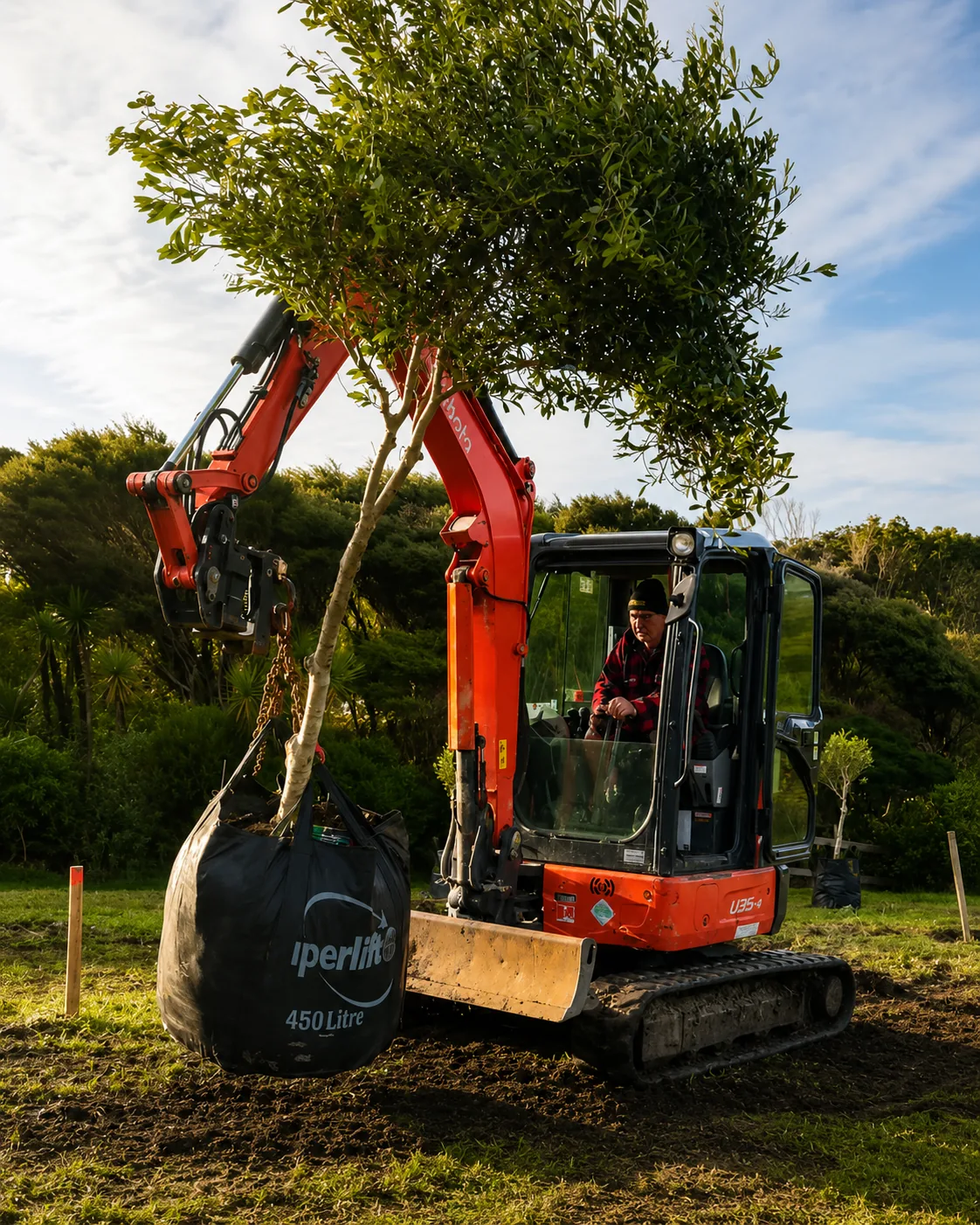 Tree transplanting at Muriwai Estate with excavator on site
