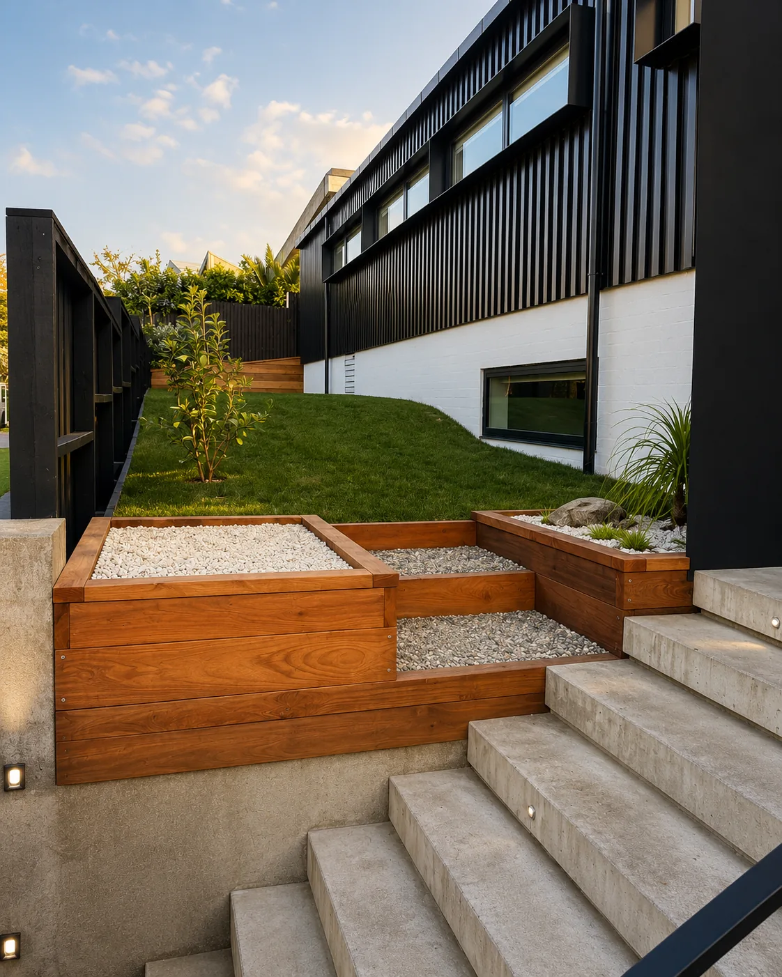 Concrete stairs, timber retaining walls and raised lawn at the Baildon Road project