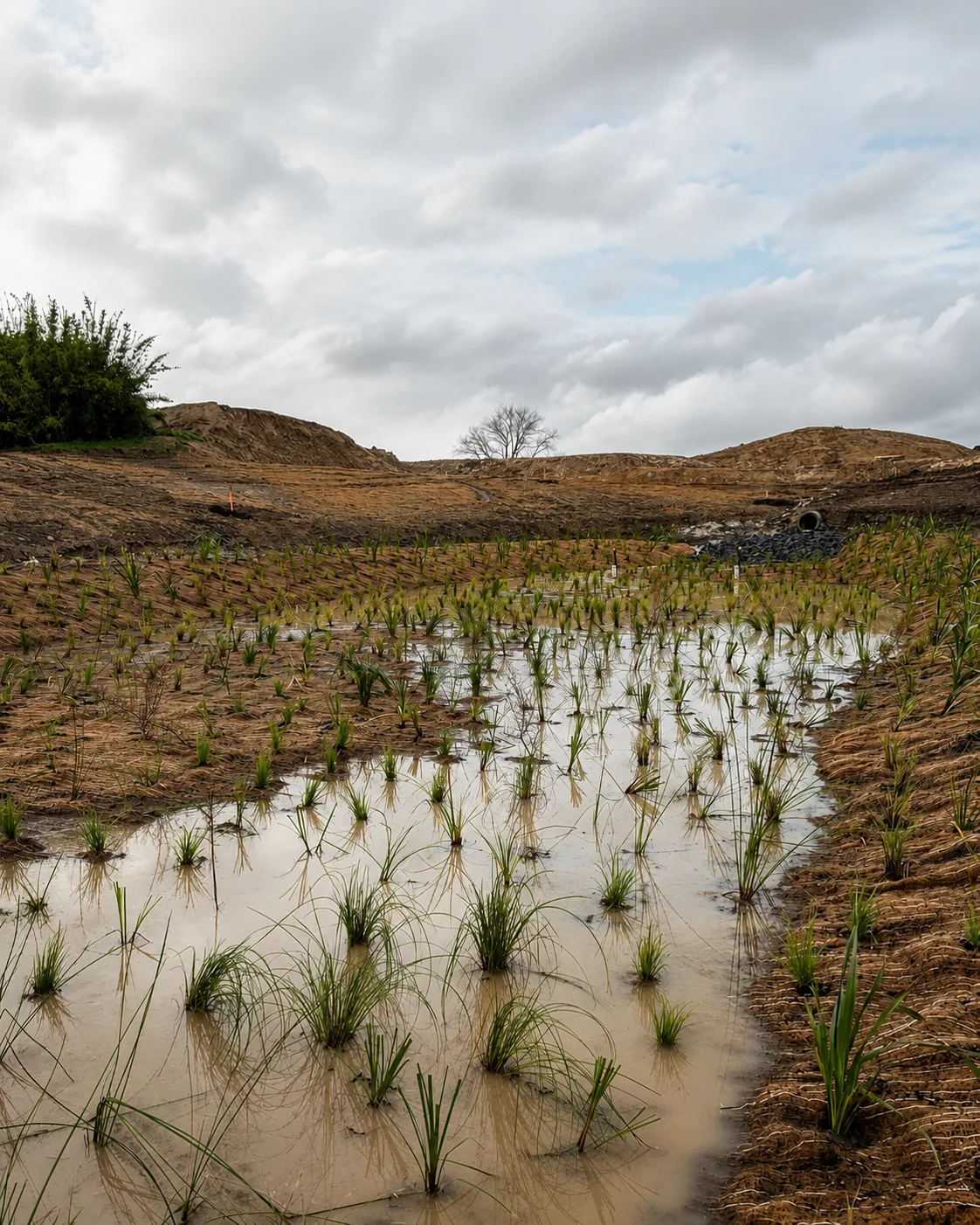 Newly planted wetland sedges establishing among shallow water at Waimarire Road