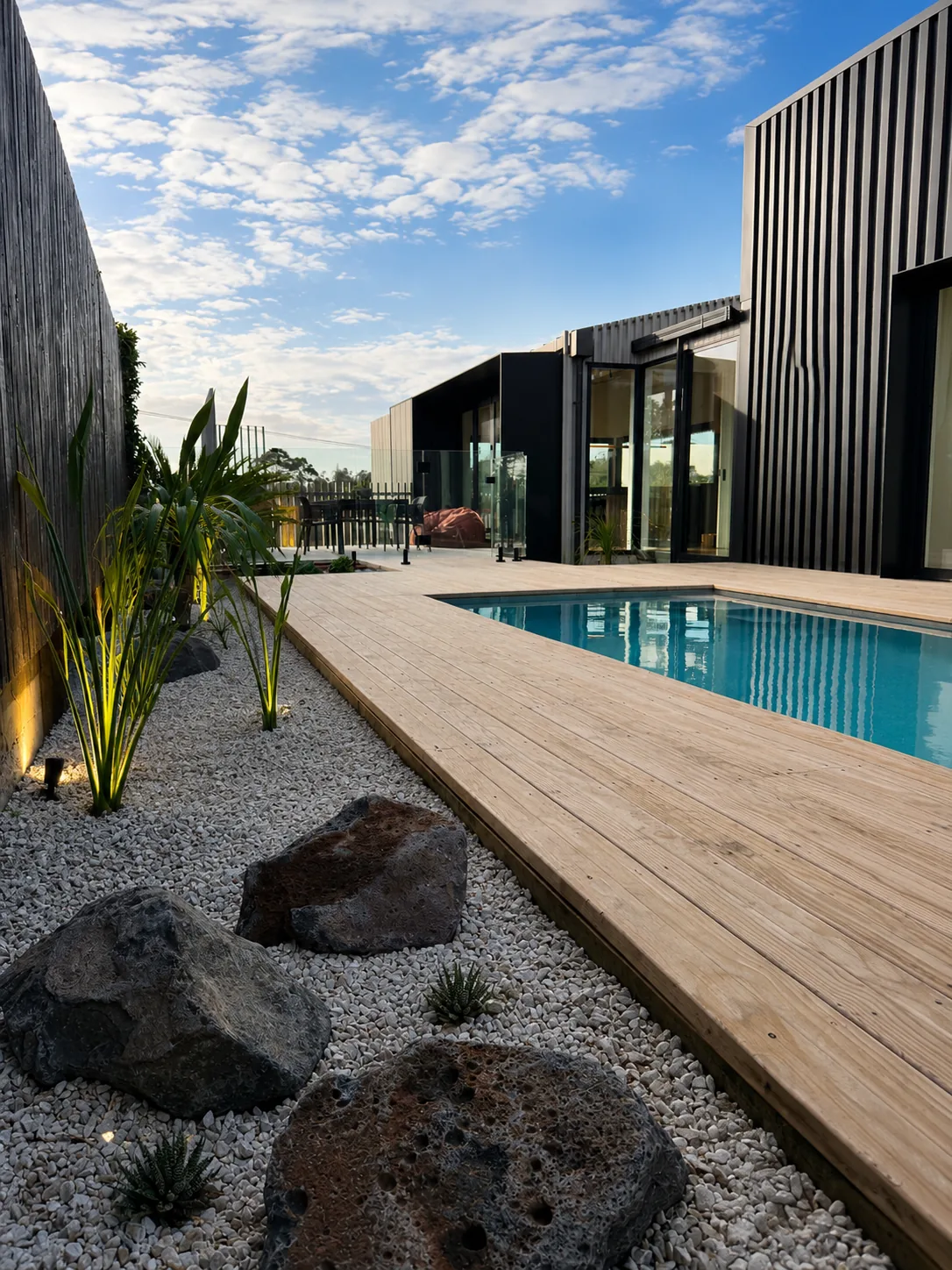 Timber pool deck and gravel garden at Baildon Road
