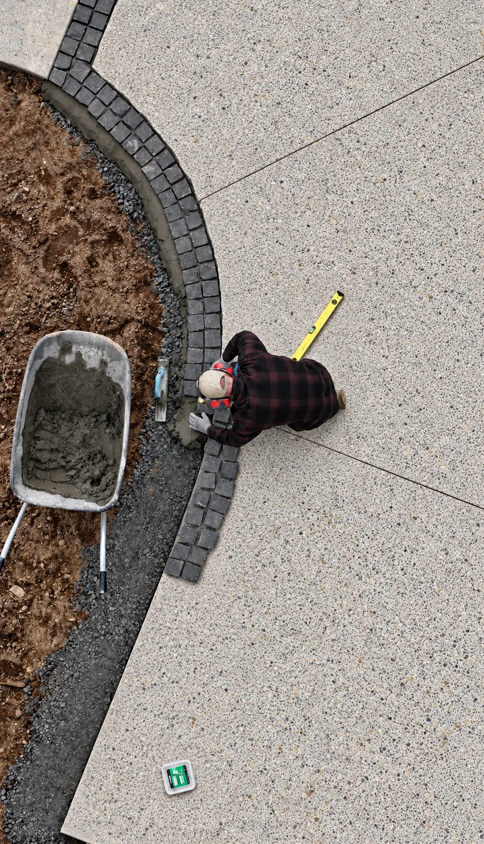 Landscaper installing curved dark cobblestone edging beside exposed aggregate paving