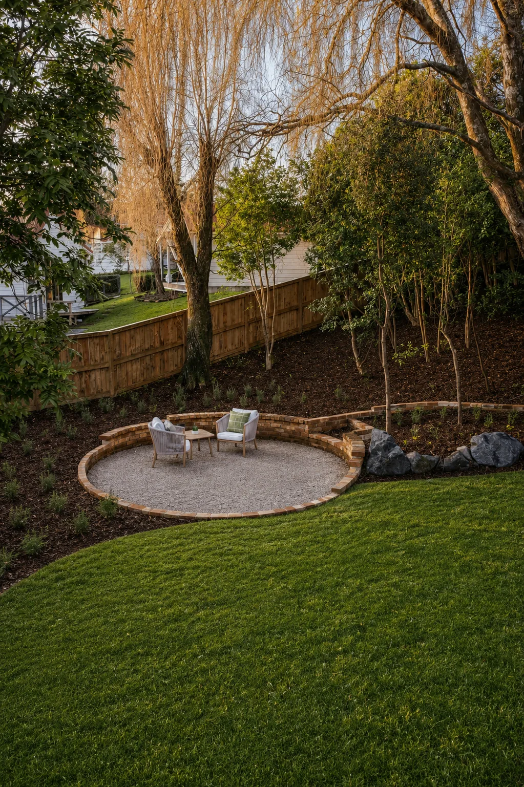 Circular brick patio with seating under a willow tree