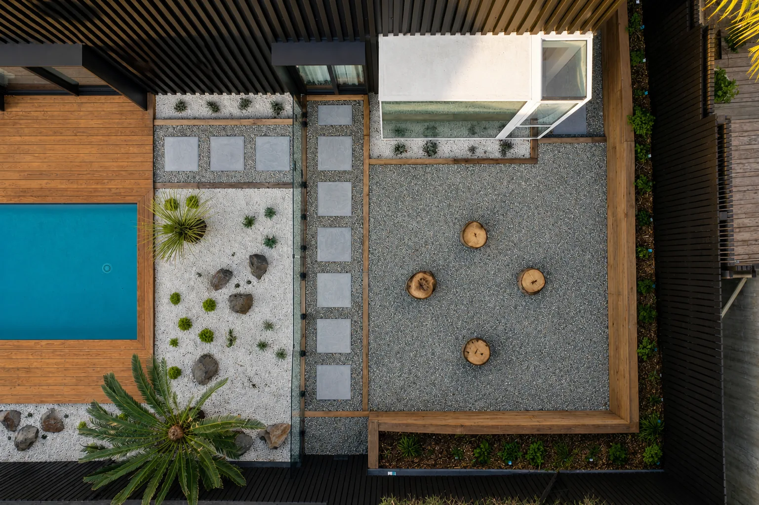 Overhead view of the Baildon Road courtyard, pool edge and stepping stone paths