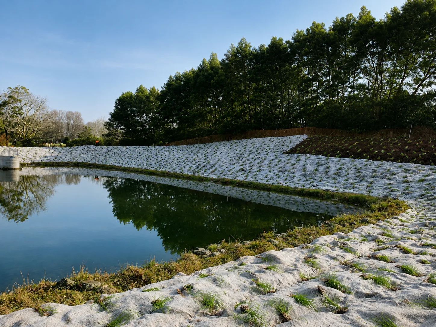 Coir-matted pond batter with fresh native planting reflecting in still water at Waimarire Road