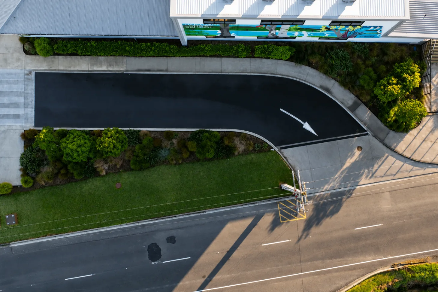 Overhead view of Parakai School driveway, planting beds and frontage
