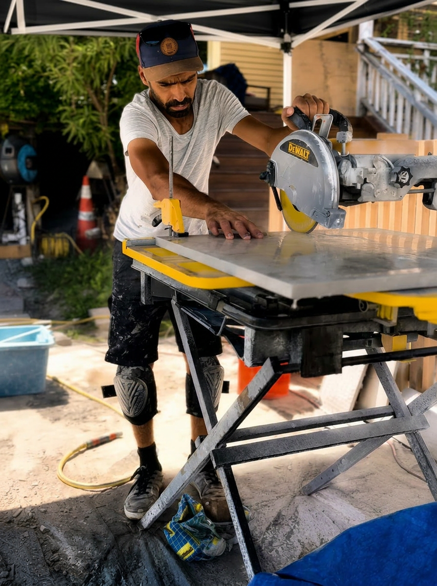 Craftsman cutting stone on the Muriwai Estate build site