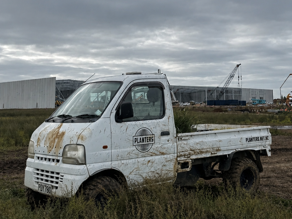 Planters branded ute on site at Park Estate with commercial buildings under construction